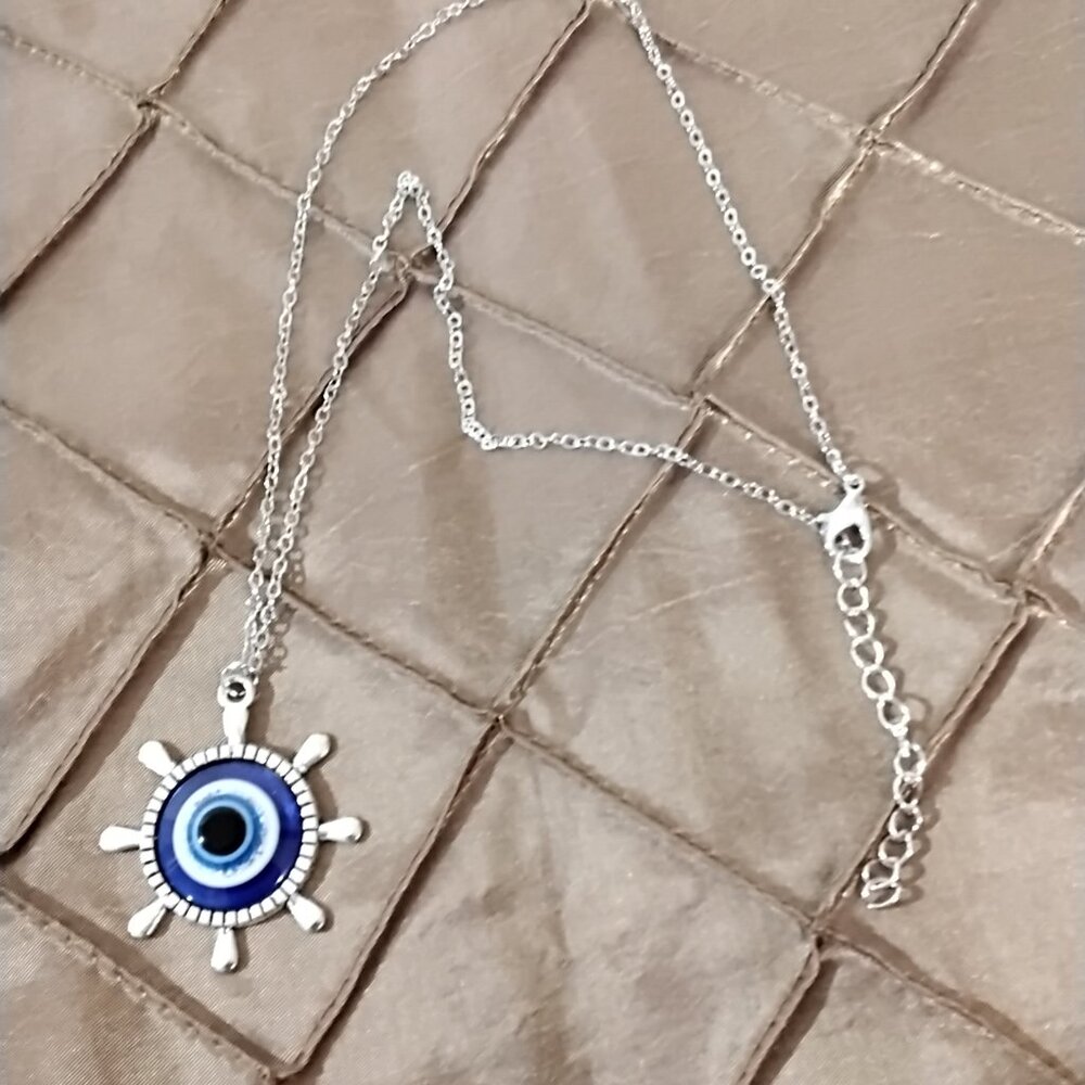 men's evil eye steering wheel necklace silver tone Good Luck Charm Protection